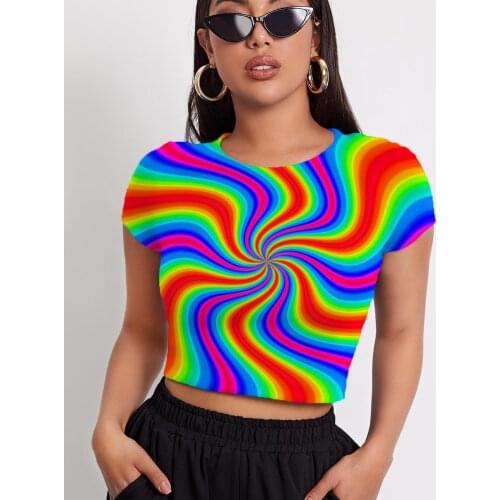 3d Tshirt Dizziness T-shirt Women Rainbow Tshirts Casual Colorful Shirt Print Harajuku Navel Bare Womens Clothing Summer