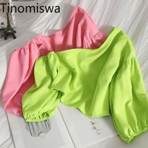 Tinomiswa Fashion New Bare Shoulder Tops Unicolor Casual Short Sleeve T Shirt Women Korean Style Loose All-match Tshirts Female