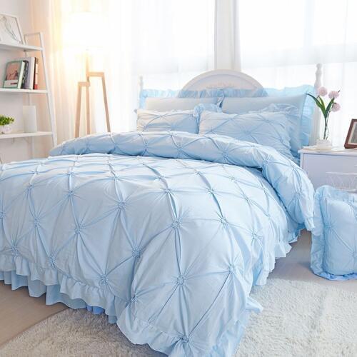 4/6pcs Pinch Pleat Princess Duvet Cover King Queen Size Solid Color Bedding Sets Cotton Blue Bedspreads Bed Sheet Pillowcases