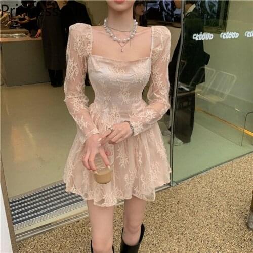 Summer Fashion Super Mini A Line Fairy Lace Dress French Retro Square Collar Dress Transparent Long Sleeve Elegant Party Dress