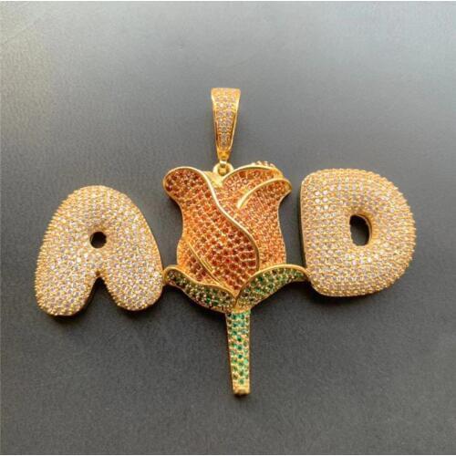 Lucky Sonny Factory Price A-Z DIY Bubble Letters With Rose Pendant Necklace Gold Silver Alphabet CZ Iced Initials Custom Jewelry