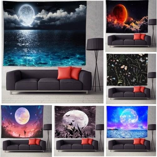 Moon Lake Landscape Tapestry Night Moonlight Starry Sky Nature Scene Wall Hanging Decorative Blanket Home Bedroom Decor