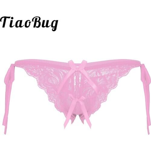 Lingerie T-back Sissy Underwear Sexy Mens Crotchless G-string Panties Lace-up Low Waist Floral Lace Thong Briefs Nightwear
