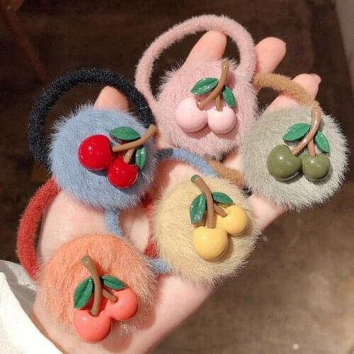 New autumn and winter net red tie hair rubber band cherry hair tie female hair rope color plush high elastic hair rope