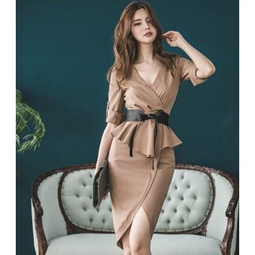 Fashion women comfortable elegant v-neck formal dress new arrival sexy vintage solid classical sash pencil dress