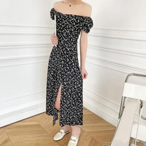 French Slit Fashion Floral Dress Crossbody High Collar Fluffy Sleeves Summer Short-Sleeved Slim Square Collar Casual Long Skirt