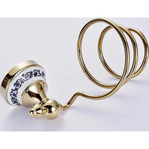 Luxury Gold Color Brass Hair Dryer Holder Wall Mounted Dryer Holder Bathroom Accessories Bath Hardware Ceramic Base mba258