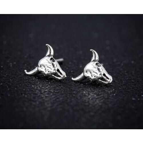Shuangshuo Skull Bull Head Stud Earrings Dark Night Retro Personality Men Women Trend Party 925 Sterling Silver Earrings Bijoux