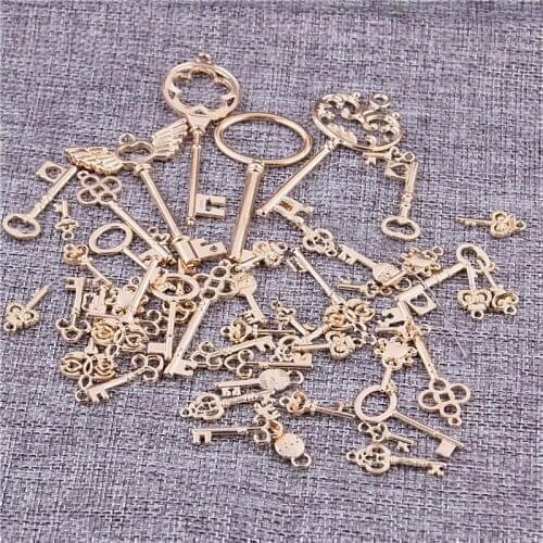 Sweet Bell 50pcs/lot KC gold Metal Mixed Key Charms Brass Zinc Alloy DIY Key Shaped Charm Pendant Making H3011