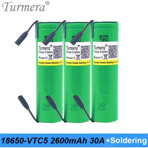 Turmera 18650 VTC5 2600mAh Battery 30A Soldering Nickel for Screwdriver Electric Drill Battery 12V 16.8V 18V 25V and E-bike Use