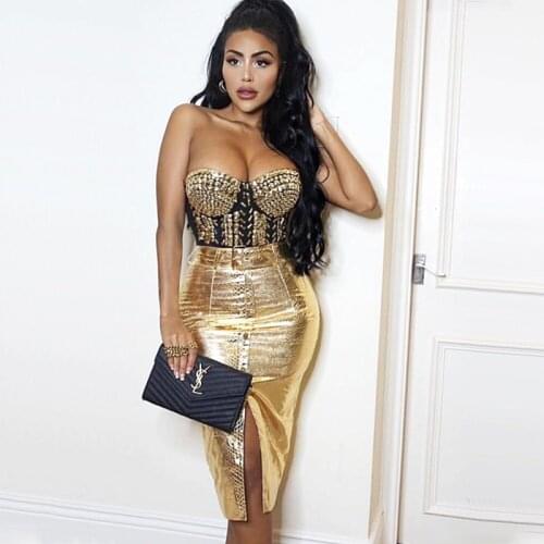 New Arrival Black Beading Spaghetti Straps Top Gold Belt Skirt Bodycon Party Wear Vintage Vestios