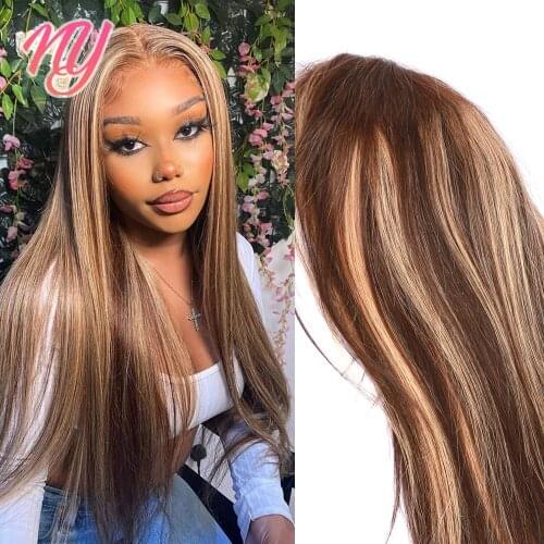 NY Remy Hair Highlight Body Wave 13*4 Frontal wig 13*4*1 Human hair wigs 4x4 Wig Ombre T-part P4/27 Honey Blonde 100% Raw hair