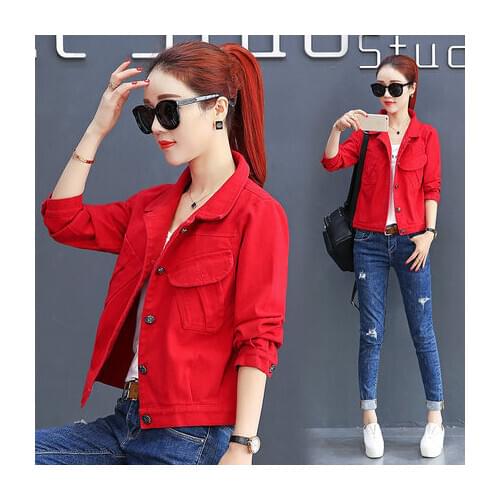 New Spring Women Denim Jacket Vintage Cropped Short Denim Coat Long-Sleeve Jeans Coat Casual Womens Red Clothing LX32