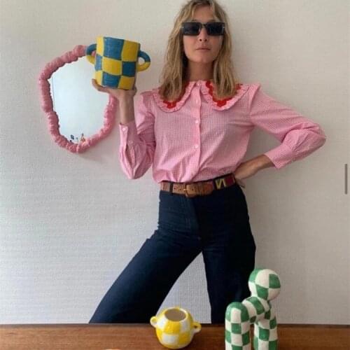 Women Shirt 2021 Early Autumn Retro Contrast Color Peter Pan Collar Buttoned Long-sleeved 100% Cotton Loose Plaid Shirt