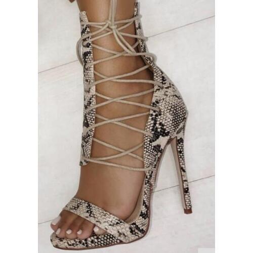 Big Size 43 Women Summer Python Snake Skin Open Toe Cross Lace Up Stiletto Heel Party High Heel Sandals Black Solid Sandals Shoe