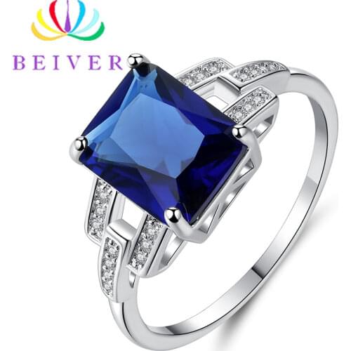 Beiver Fashion Blue Geometric AAA Cubic Zirconia Rings for Women White Gold Color Party Jewelry 2019 New Arrivals