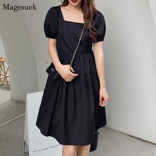 Square Collar Summer Dress Women Elegant Loose Short Sleeve Black Mini Dress Lady Vintage Party Casual Dresses Vestidos 15911