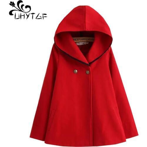 UHYTGF Autumn Winter Wool Coat Women Hooded Cloak Short Jacke Tide Fashion Bat Sleeve Student Loose Plus size Woolen Outwear 684