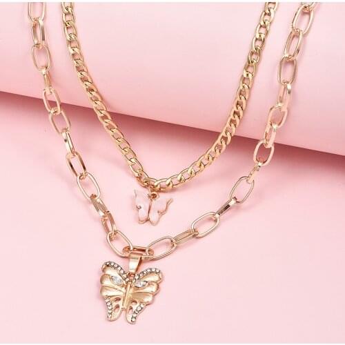 2 Pcs/Set Sweet Women Fashion Cute Crystal Butterfly Choker Necklace for Women Gold Clavicle Chain Necklace Jewelry Gifts