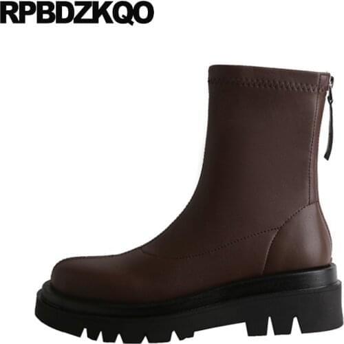 Shoes Ankle White Zipper Brand Brown 2021 Round Toe High Heel Fall Girls Chunky Waterproof Winter Boots Women Stretch Platform