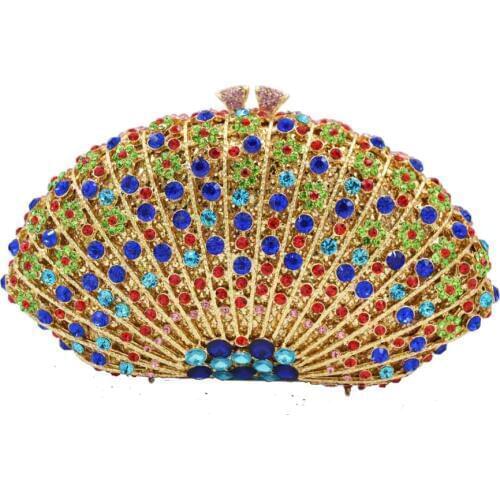 Boutique Colorful Peacock Feather Chain Shoulder Handbag Manual Inlay Crystal Female Wedding Bag A530