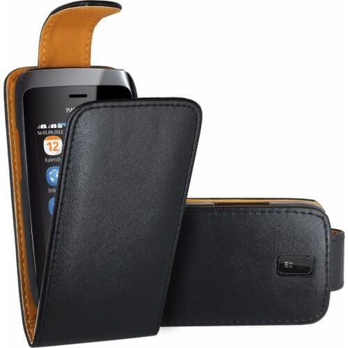 Black Flip Premium Leather Skin Bag Case Cover For Nokia Asha 308 309 / Nokia Asha 308 309 Dual Sim