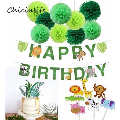 Chicinlife Jungle Animal Happy Birthday Banner Baby Shower Birthday Party Decoration Wild One Jungle Party Supplies green pompom