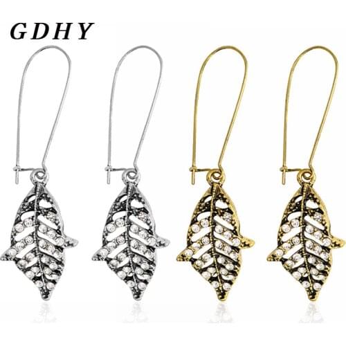 GDHY New Fashion Hollow Metal Leafs Earrings Crystal Rhinestone Earrings For Women Dangling Long Statement Drop Earrings Jewerly