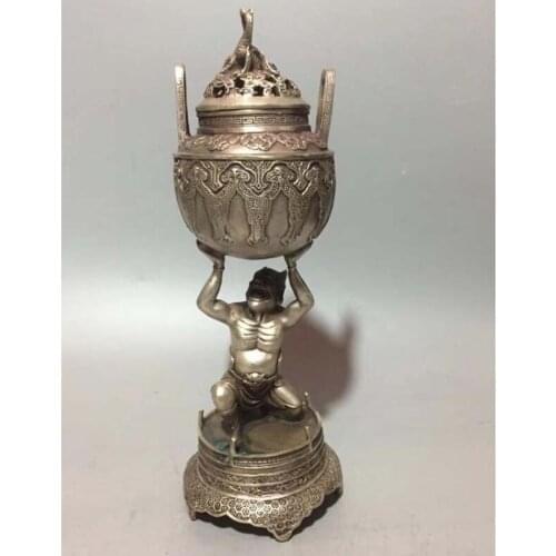 Collectible archaize white copper arhat jacking two-ear incense burner