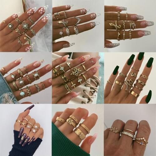 Tocona Charm Gold Color Snake Joint Ring Sets for Women Shiny Rhinestone Flowers Star Geometric Bohemian Wedding Jewelry Anillo