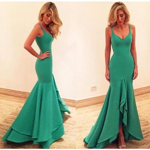2019 Beautiful Mermaid Prom Dress New Style V Neck Green Prom Dresses Satin Evening Gown For Teens Juniors Floor Length