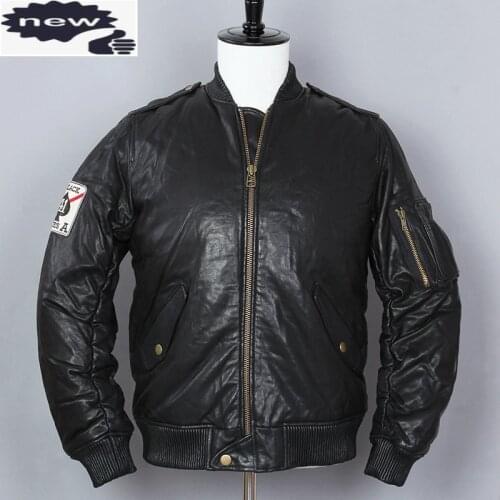 AVIREX FLY Fashion Mens Down Genuine Leather Men Black Sheepskin Stand Collar Baseball Jacket Winter Coat for male