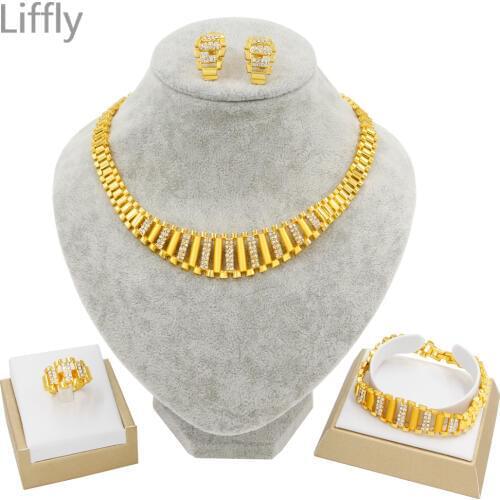 Liffly New Dubai Gold Jewelry Sets for Women Indian Jewelry African Wedding Bridal Gift Necklace Bracelet Earrings set Wholesale