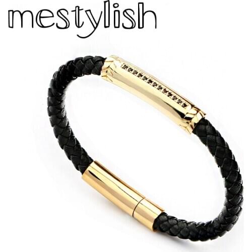 Mestylish New Design Genuine Leather Stainless Steel Snap Bracelet Micro Pave CZ Copper Tube Charms Bracelet Bangles Men Jewelry