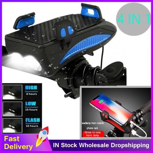 Multifunctional 4 in 1 Bicycle Front Light USB Rechargeable Power Banks Mobile Phone Holder Horn Riding Speaker Headlights