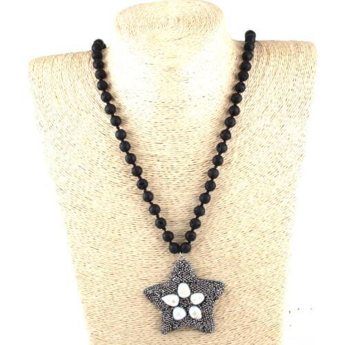 Fashion 8mm Lava Stone Long Knotted Handmade Crystal Paved Pearl Pentagram Pendant Necklaces Women Ethnic Necklace