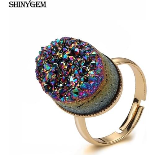 ShinyGem Fashion 13*18mm Oval Crystal Druzy Stone Rings Charm Rainbow Geode Sparkling Adjustable Rings For Women Jewelry Gift