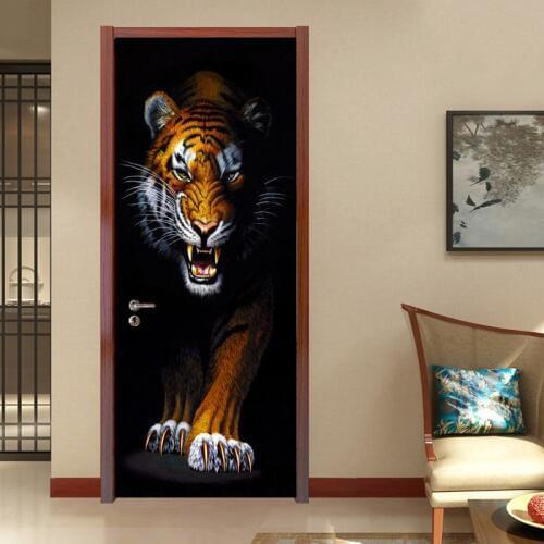Home Decoration Door Sticker 3D Stereo Tiger Animal Wallpaper Living Room Bedroom Kitchen Waterproof Vinyl Door Mural Door Paste