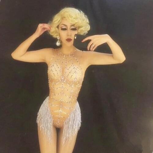 New Sparkly Silver Rhinestones Tassel Bodysuit Female Singer DJ Sexy Stage Costume One Piece Leotard Dance Wear Crystals Outfit