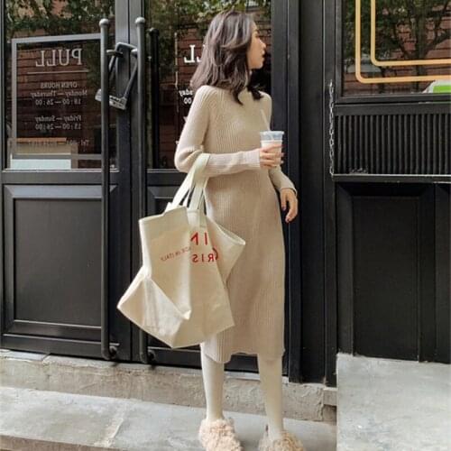 Autumn Turtleneck Sweater Long Dresses Women Knitted Maxi Dress Winter Fashion Long Sweater Dress