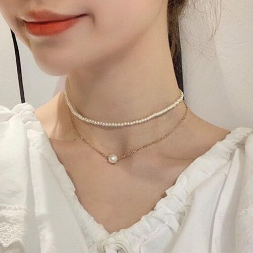 Fairy Korean Style Imitation Pearl Pendant Choker Necklace Women Temperament Geometric Neck Chocker Necklace Jewelry YN1673