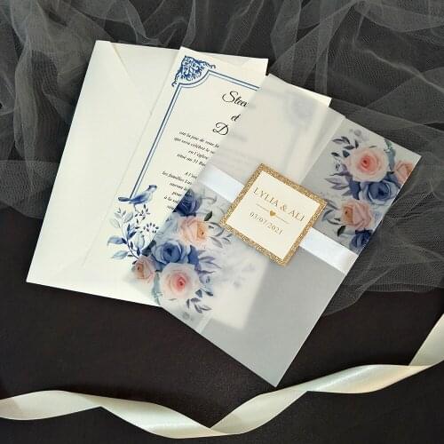 50X Flower Printed Vellum Wedding Invitation With Ribbon And Rose Gold Glitter Tag Blue Green Pink Greeting Card For Quinceanera
