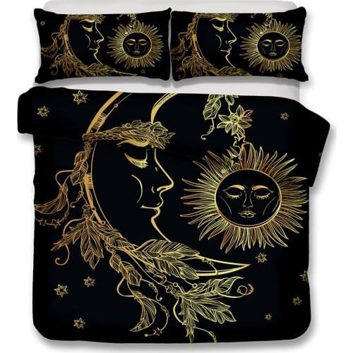 Modern Bohemian Moon And Sun Printed Bedding Family Dormitory Vintage Bedspread Black Down Comforter Pillowcase Bedding Set
