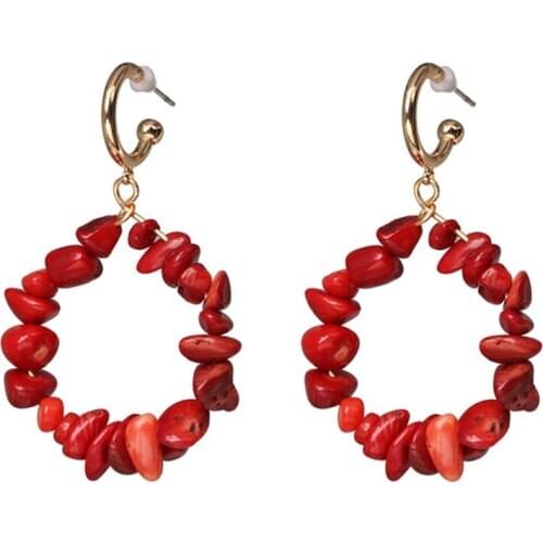 Light Yellow Gold Color Irregular Shape Red and Green Turquoises Stone Stud Earrings Bohemian Style Jewelry