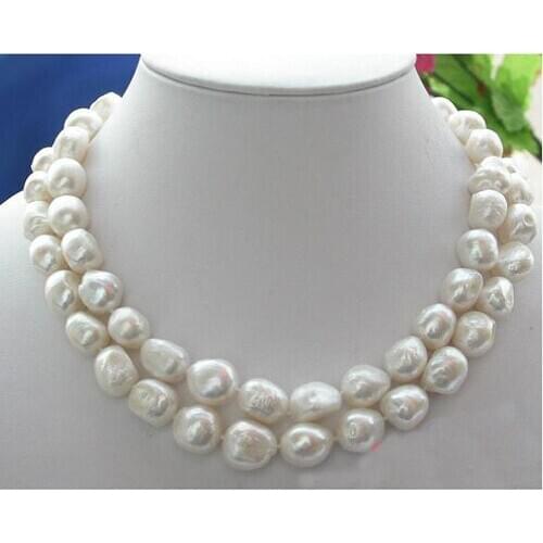 Unique Pearls jewellery Store 2row 18mm White Baroque Freshwater Cultured Pearl Necklace Charming Women Jewelry Gift
