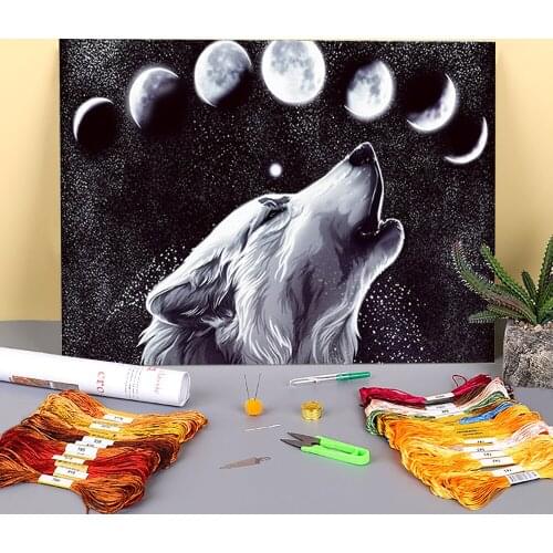 Wolf Tiger Owl Lion Deer Printed Water-Soluble Canvas 11CT Cross-Stitch DIY Embroidery Patterns DMC Threads Craft Counted