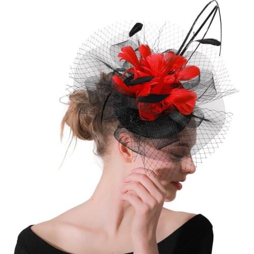 Female Red Feather Flowers Fascinators Hair Clips Black Headwear Accessories Ladies Headwear Decoration Party Headpieces