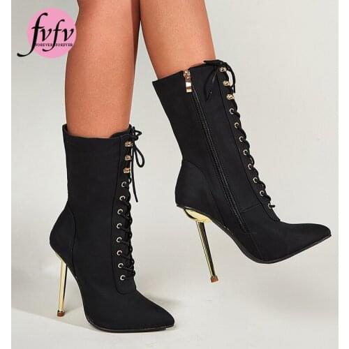 [FVFV] 2021 new womens shoes simple hollow pointed toe stiletto heel super high heel lace up boots womens boots size 36-41