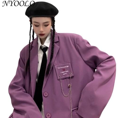 NYOOLO 2021 Spring Autumn Big Pockets Chain Punk Blazer Jacket Women Harajuku Streetwear Single Breasted Coat With Shoulder Pads
