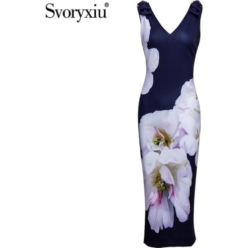 Svoryxiu Runway Designer Summer Sexy V-Neck Sheath Dress Womens Elegant Flower Print Office Lady Tank Dresses Vestdios